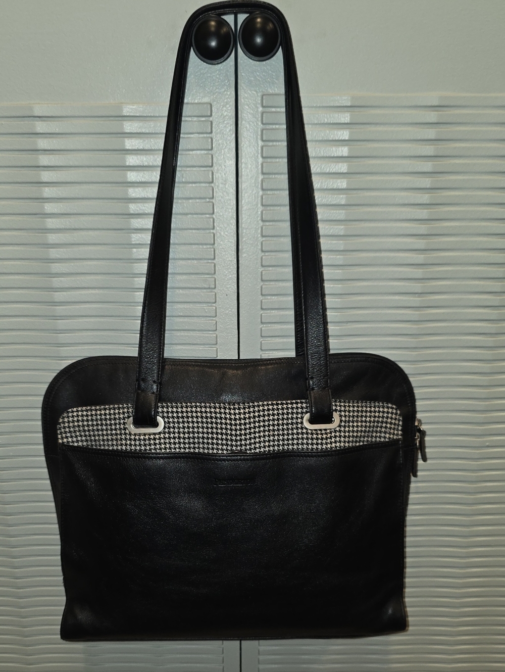 Pendleton Vintage Black Leather Commuter Bag With Houndstooth Wool Accent